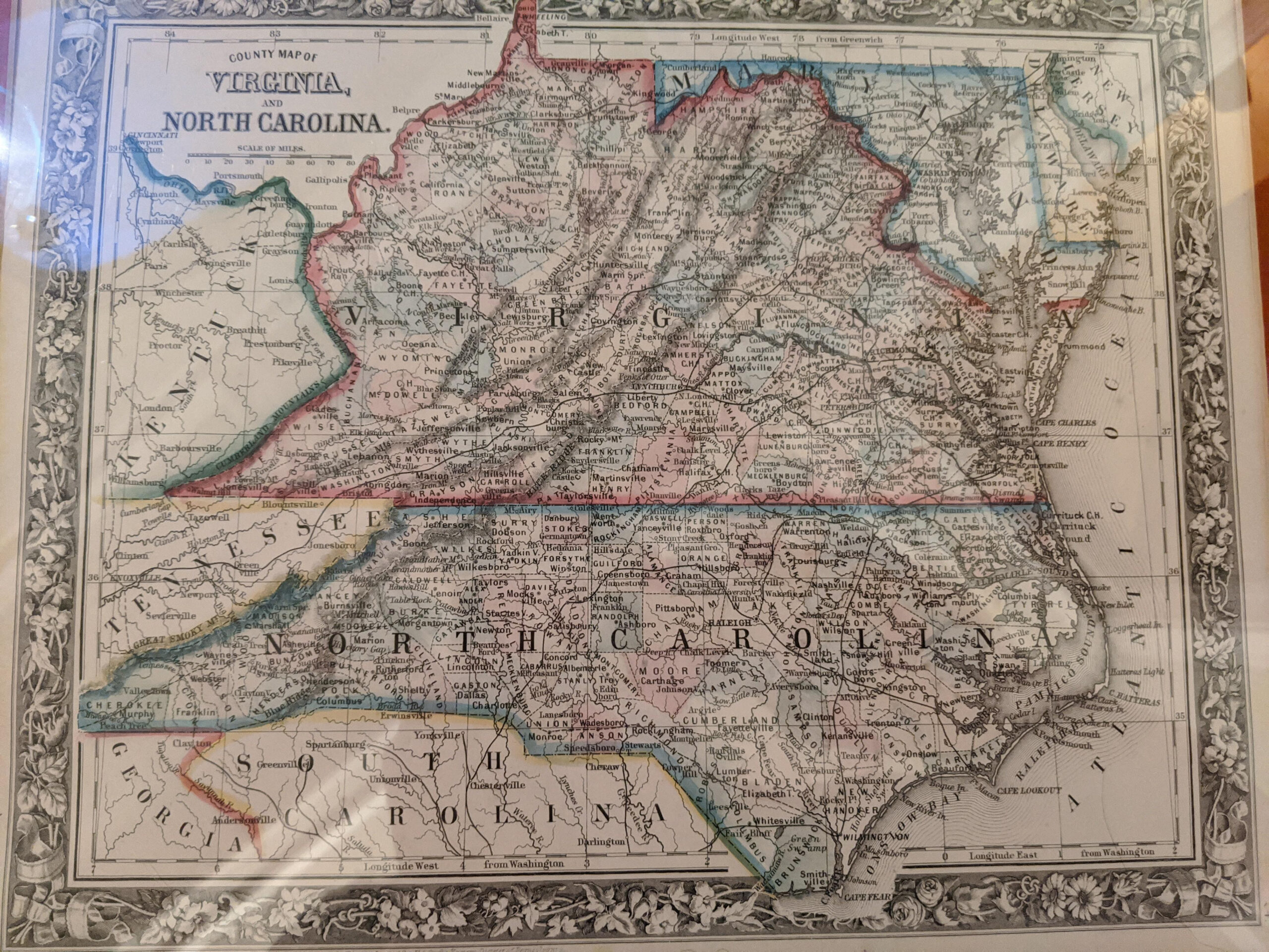 1860 Map Of Virginia And North Carolina Hand Colored In 1864 Oldmaps