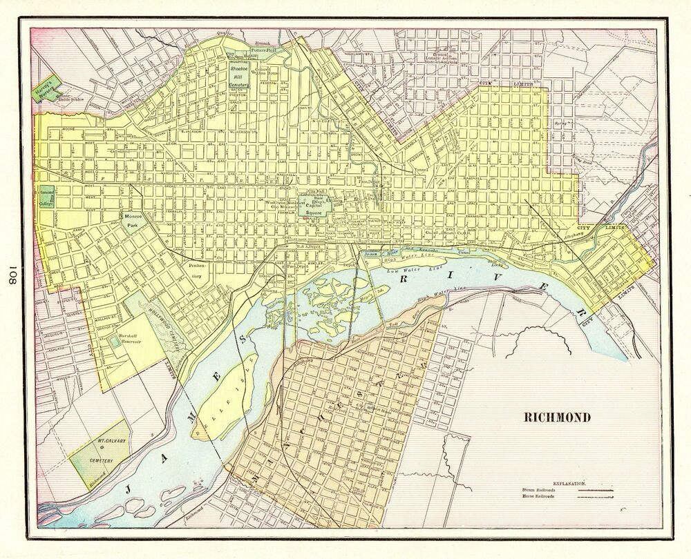 1901 Antique RICHMOND Virginia Street Map City Map Of Richmond Wall Art 