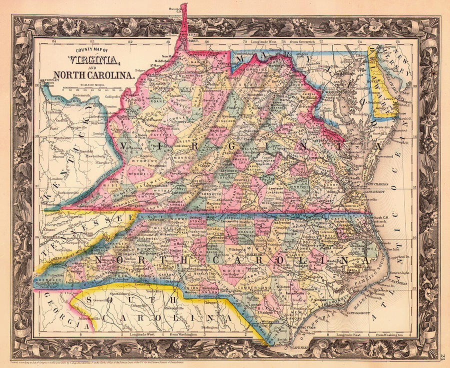Antique Map Of Virginia And North Carolina 1860 Drawing By Mountain Dreams