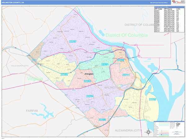 Arlington County VA Wall Map Color Cast Style By MarketMAPS