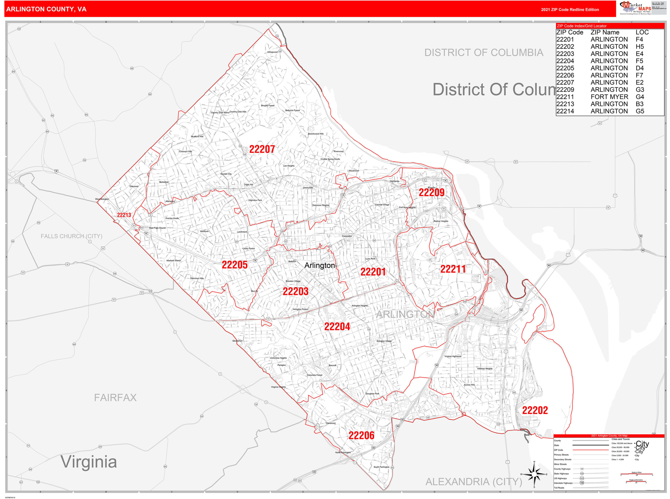 Arlington County VA Zip Code Wall Map Red Line Style By MarketMAPS