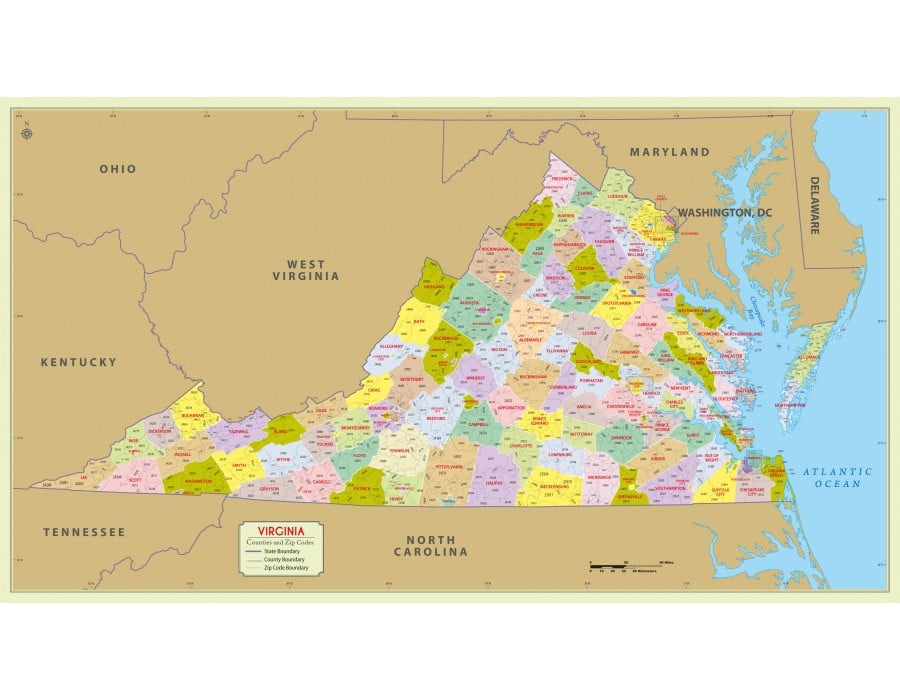 Buy Printed Virginia Zip Code Map With Counties