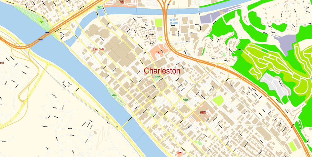 Charleston PDF Map Vector Exact City Plan West Virginia Detailed Street 