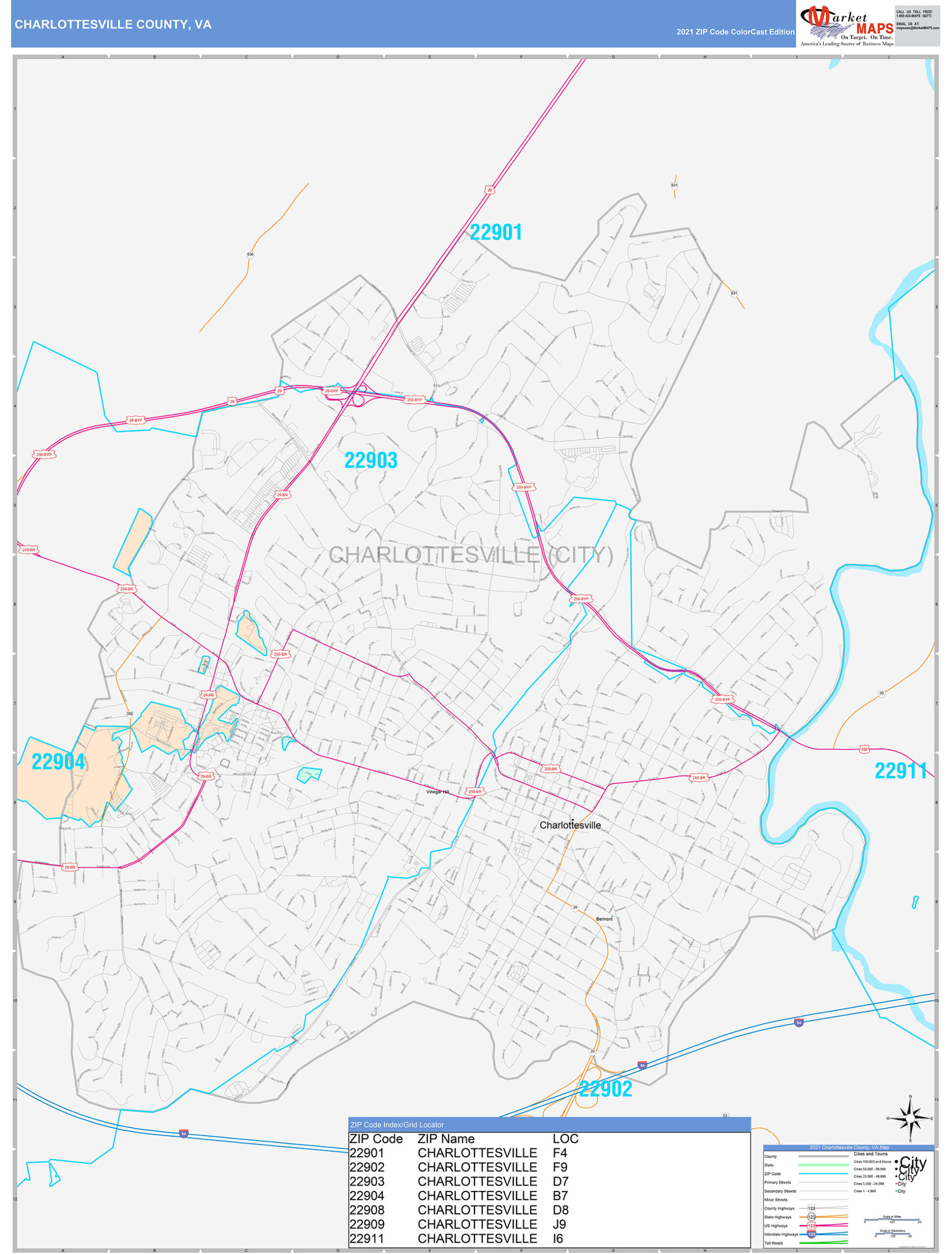 Charlottesville County VA Wall Map Color Cast Style By MarketMAPS 