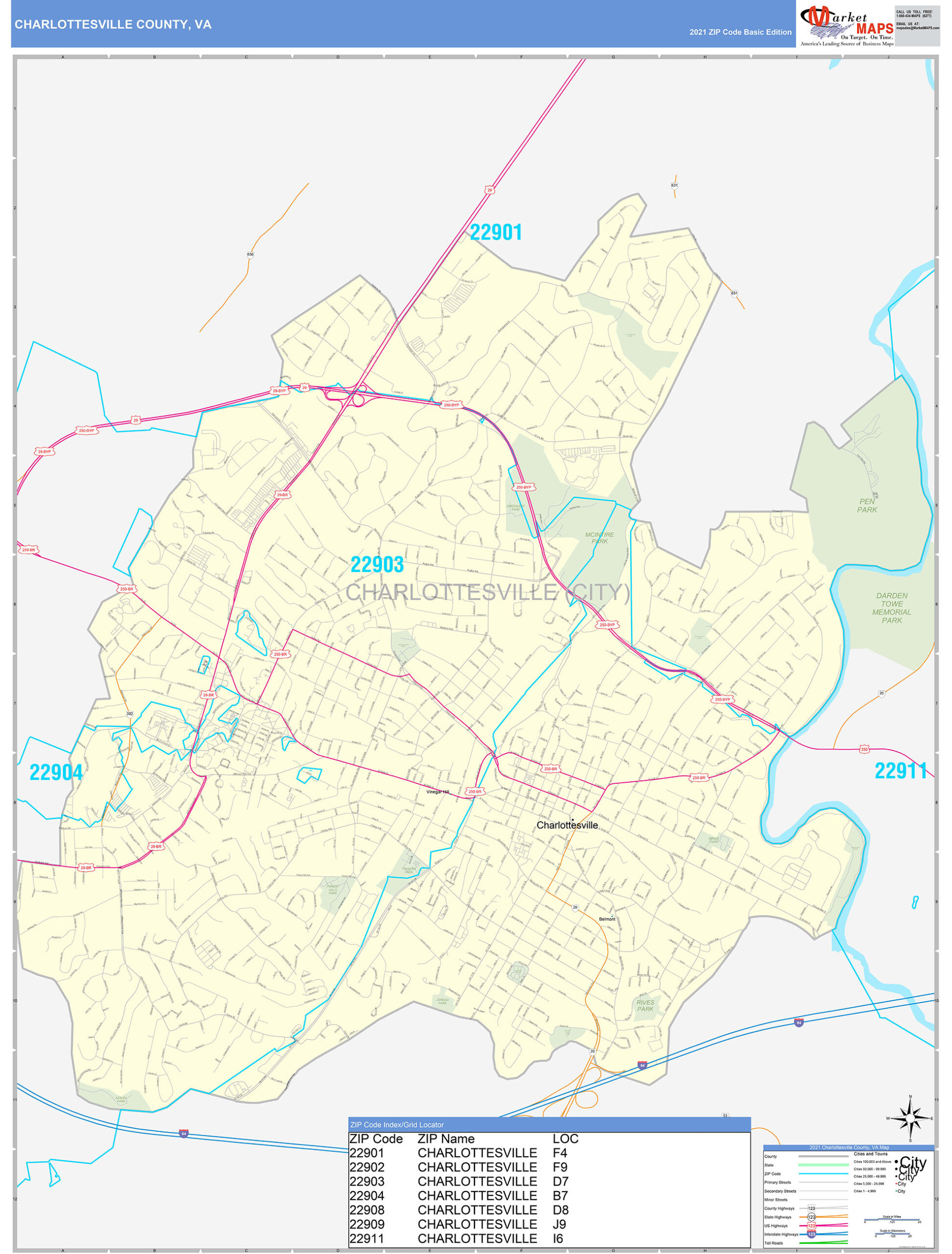 Charlottesville County VA Zip Code Wall Map Basic Style By MarketMAPS 