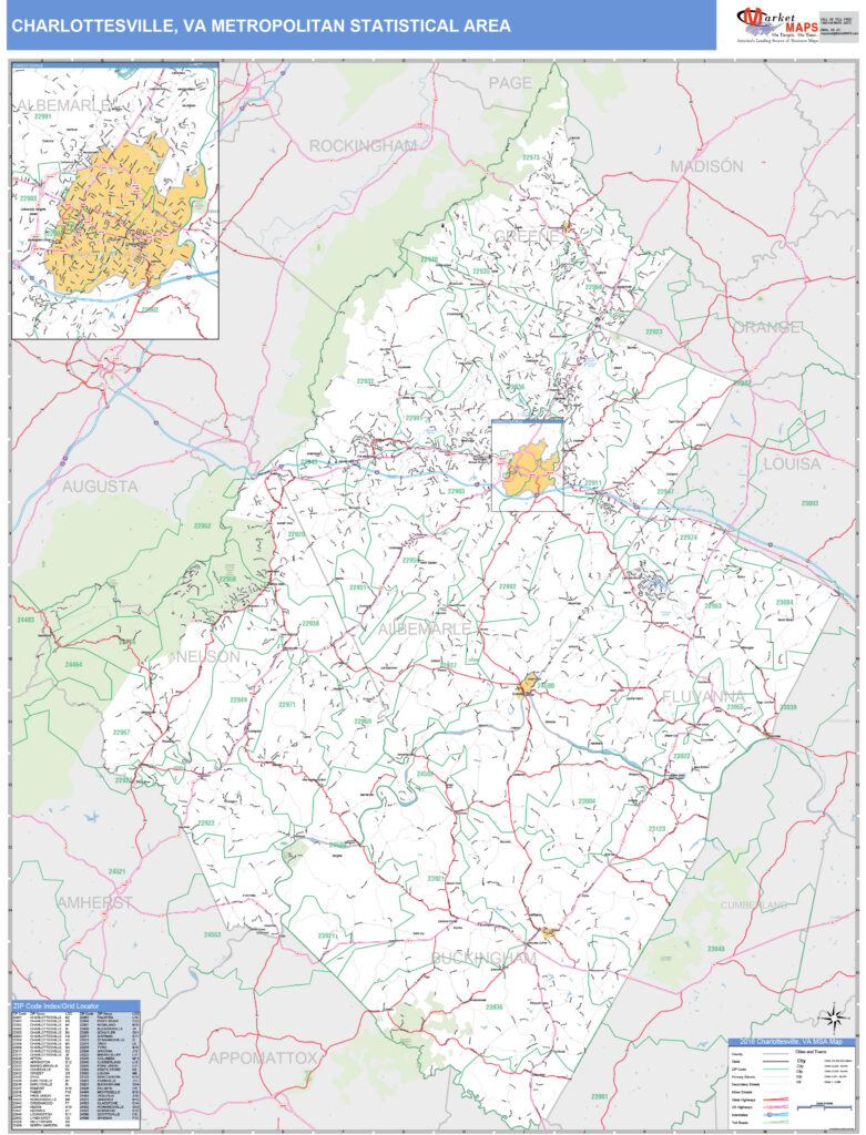 Charlottesville VA Metro Area Wall Map Basic Style By MarketMAPS ...