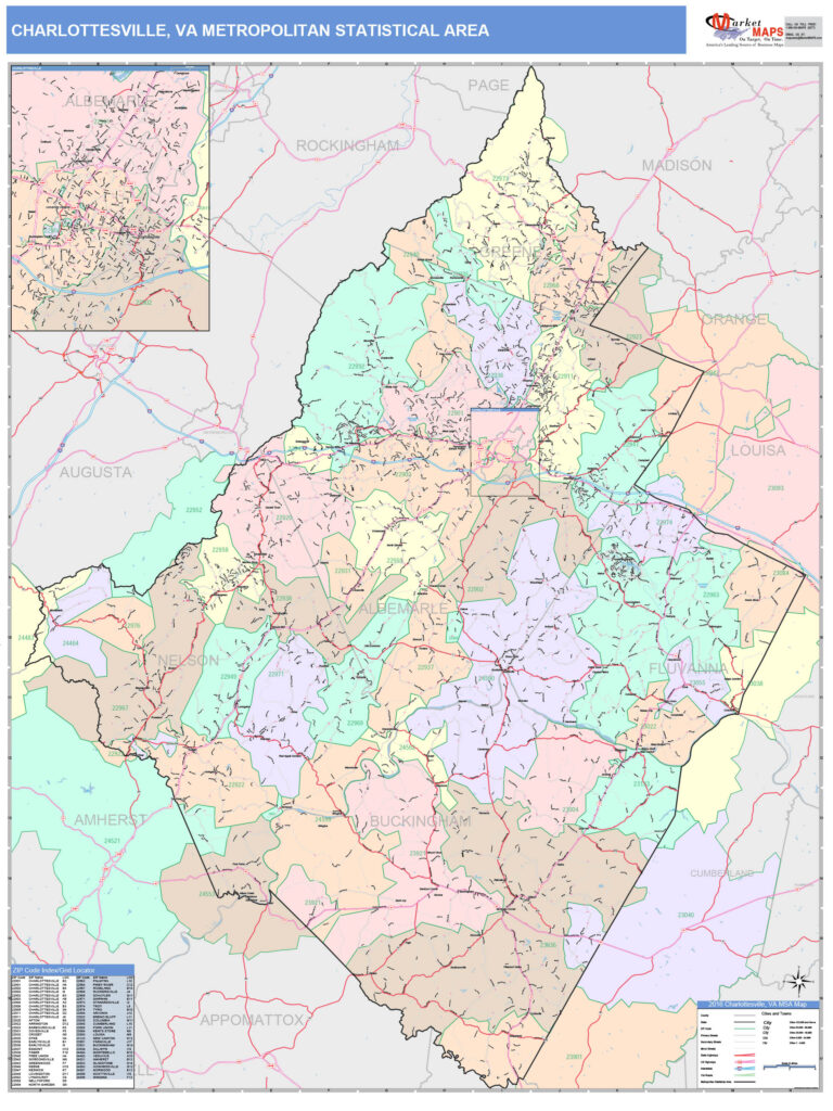 Charlottesville VA Metro Area Wall Map Color Cast Style By MarketMAPS
