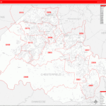 Chesterfield County VA Zip Code Wall Map Red Line Style By MarketMAPS