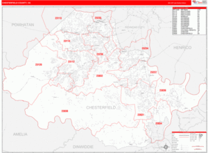 Chesterfield County VA Zip Code Wall Map Red Line Style By MarketMAPS