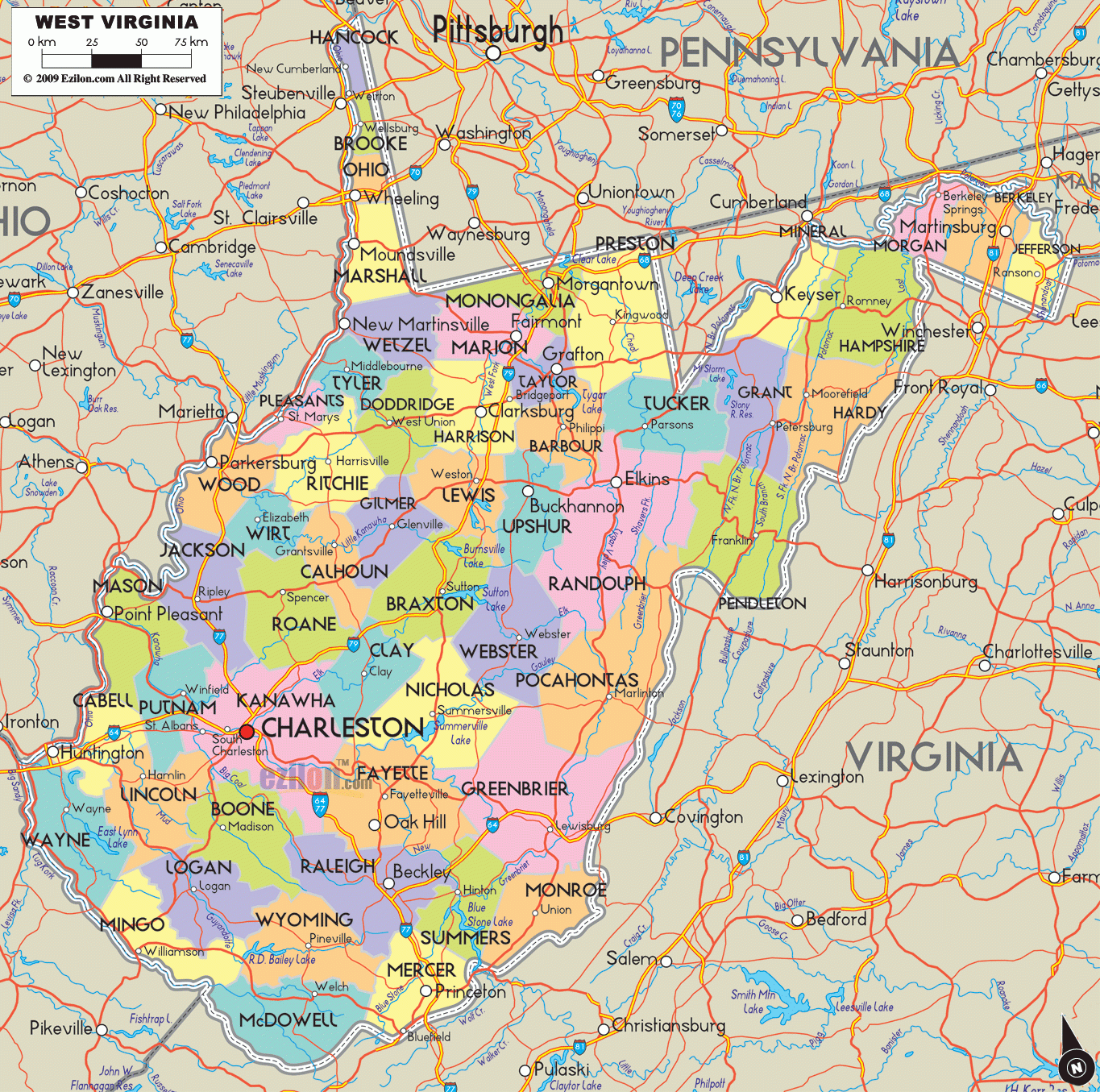 Detailed Political Map Of West Virginia Ezilon Maps