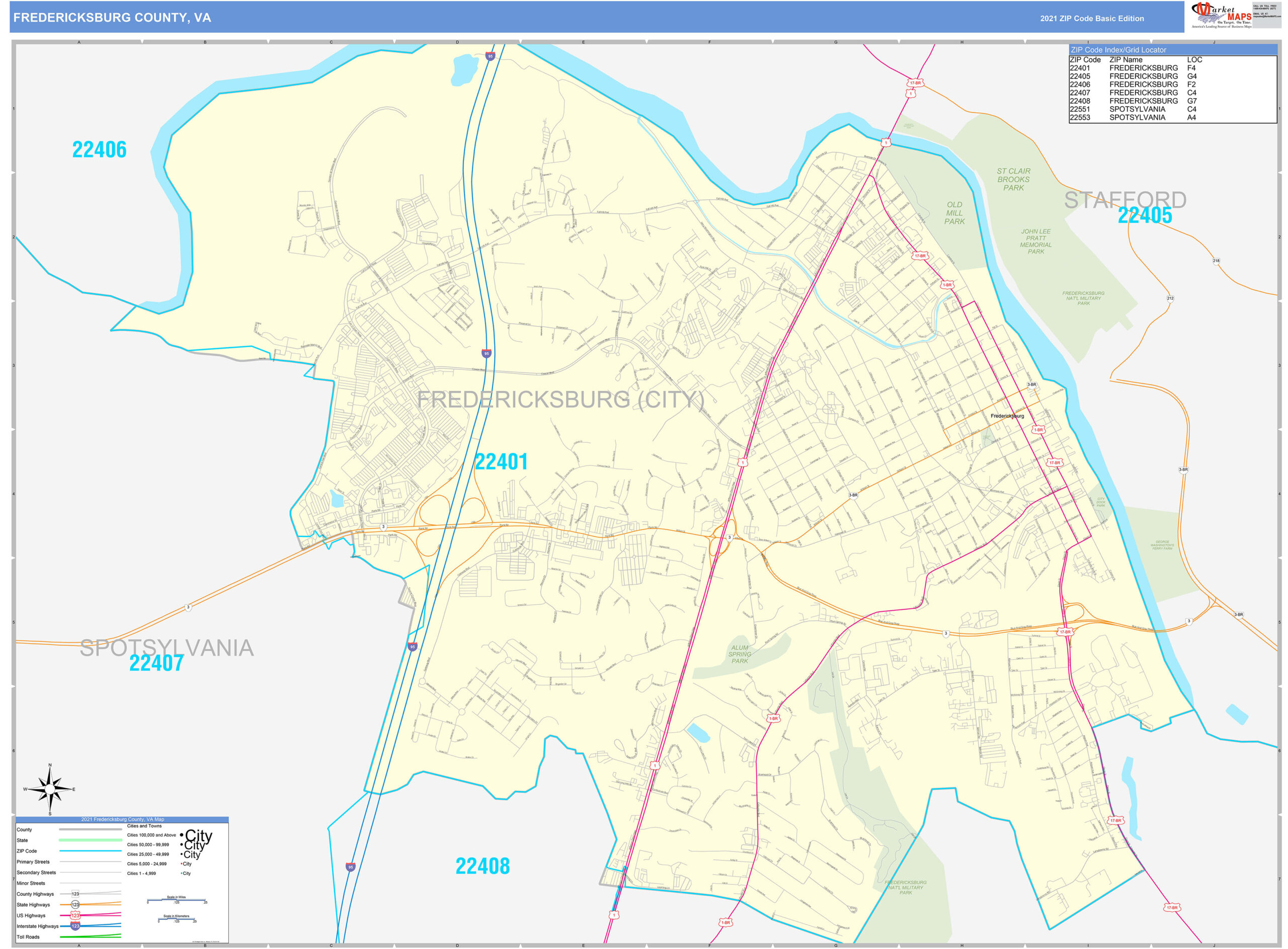 Fredericksburg County VA Zip Code Wall Map Basic Style By MarketMAPS 