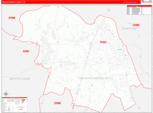 Fredericksburg County VA Zip Code Wall Map Red Line Style By