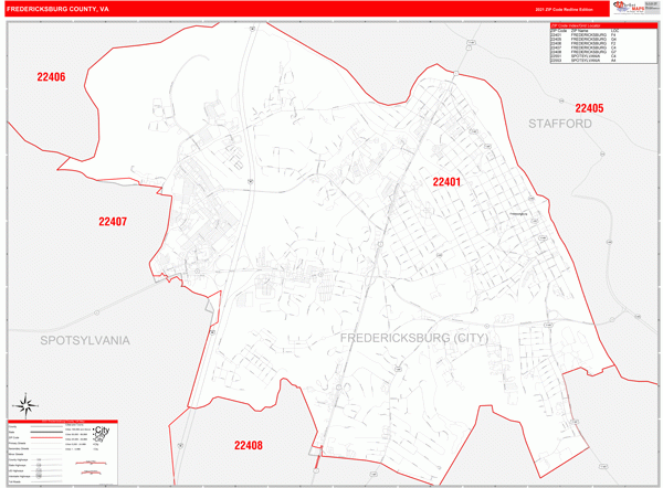 Fredericksburg County VA Zip Code Wall Map Red Line Style By 