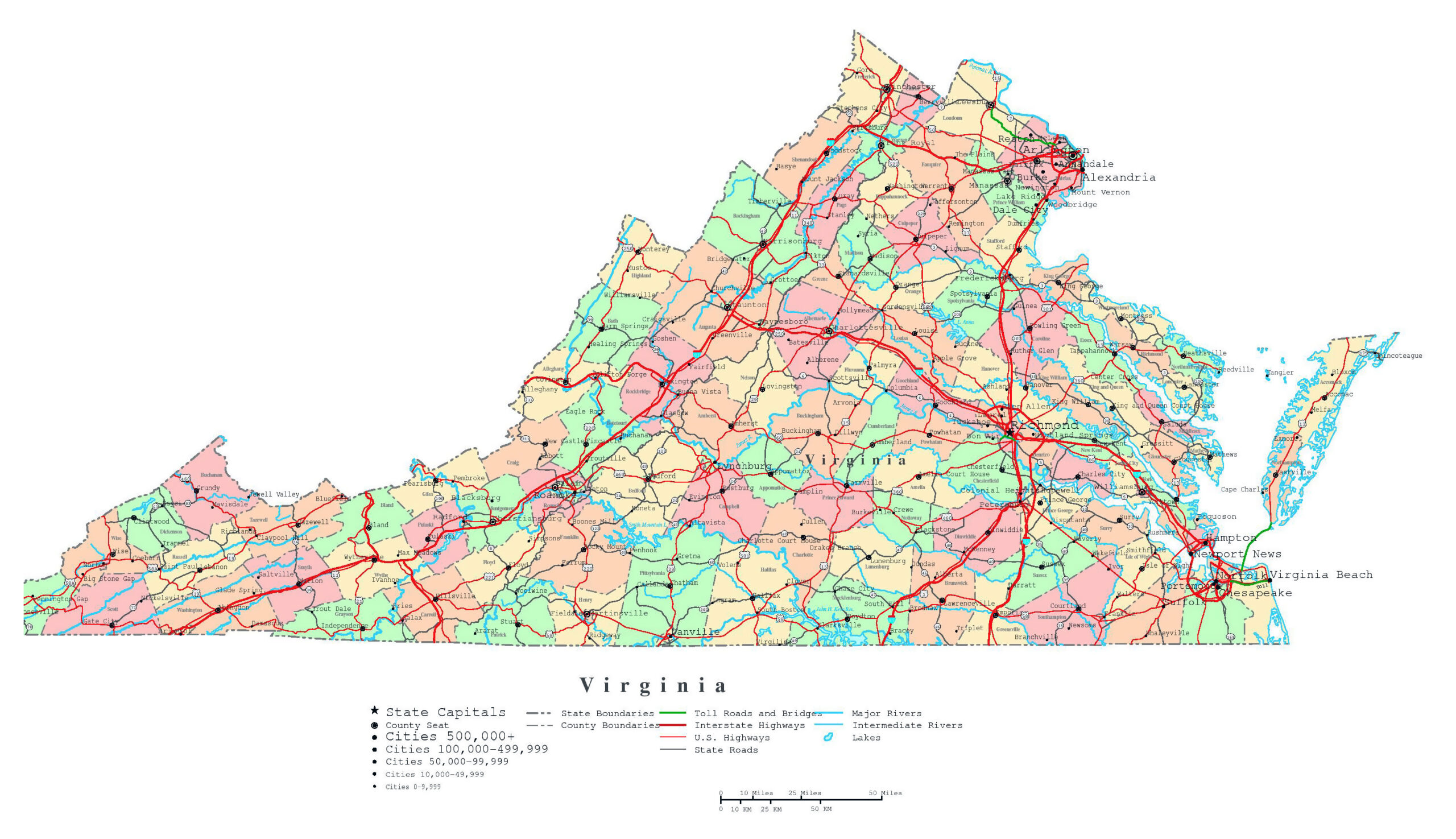 Large Detailed Administrative Map Of Virginia State With Roads 