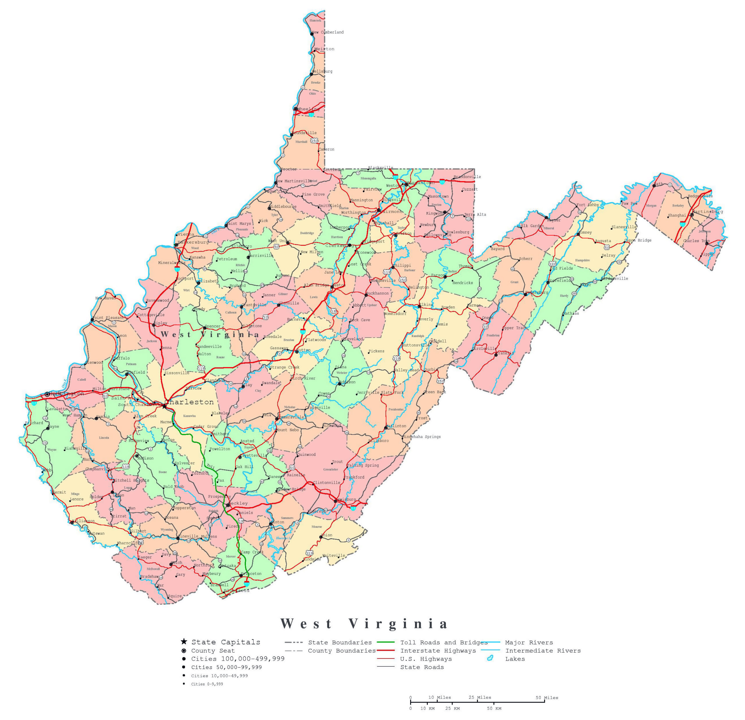 Large Detailed Administrative Map Of West Virginia State With Roads 