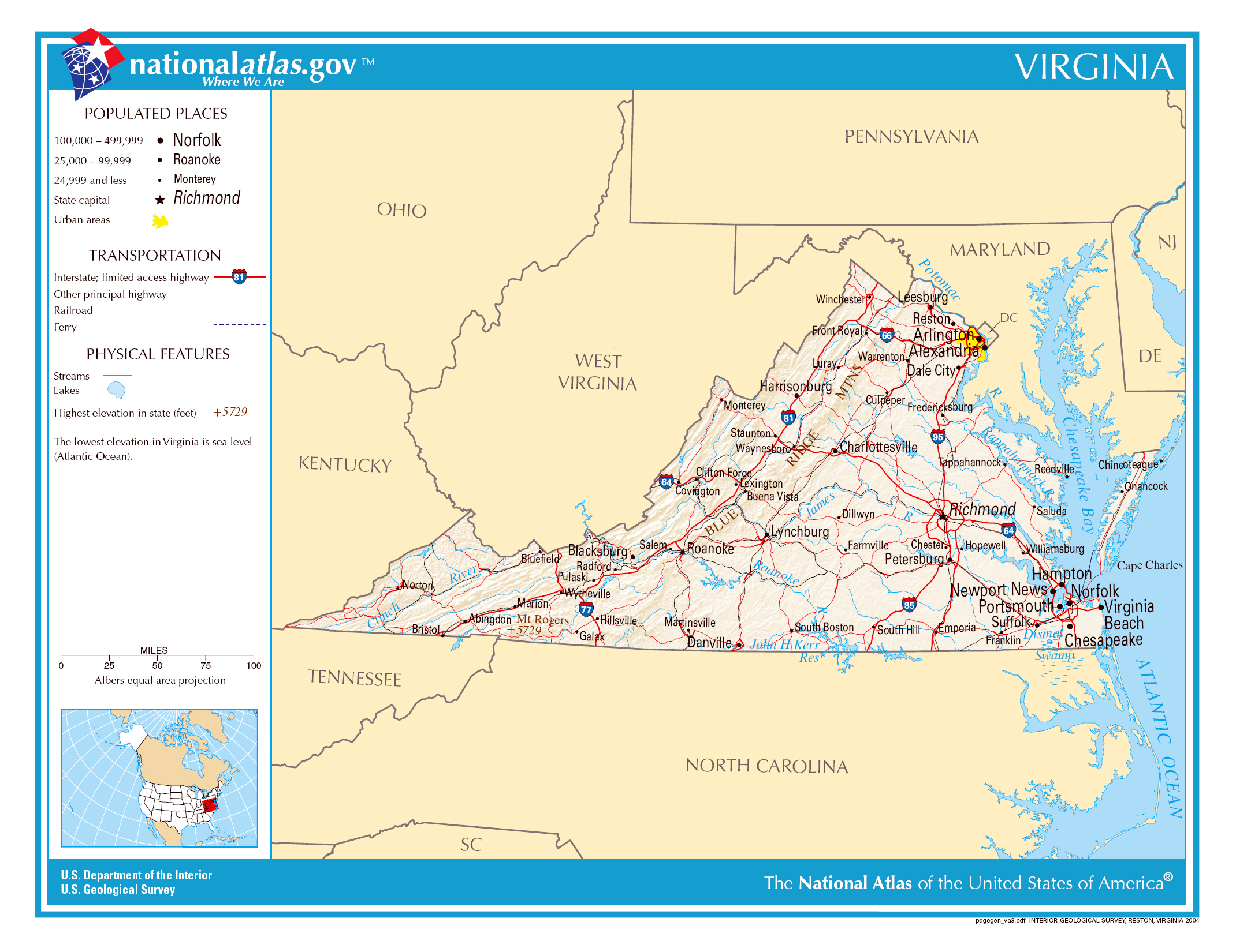 Large Detailed Map Of Virginia State Virginia State Large Detailed Map 