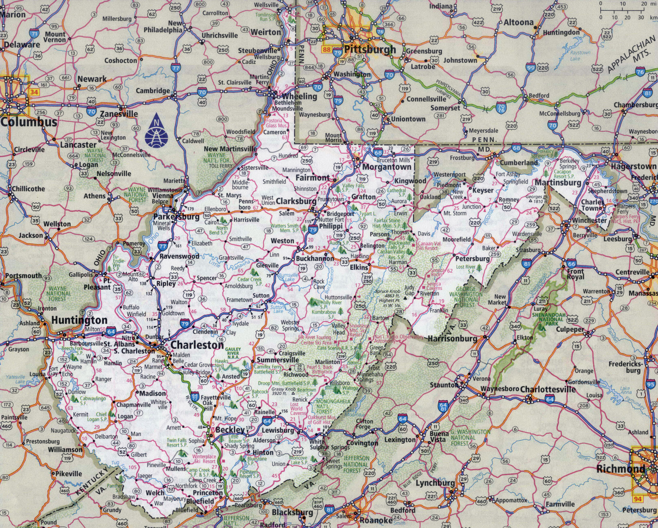 Large Detailed Roads And Highways Map Of Virginia And West Virginia 
