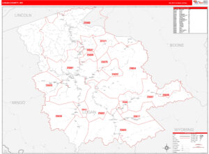 Logan County WV Zip Code Wall Map Red Line Style By MarketMAPS