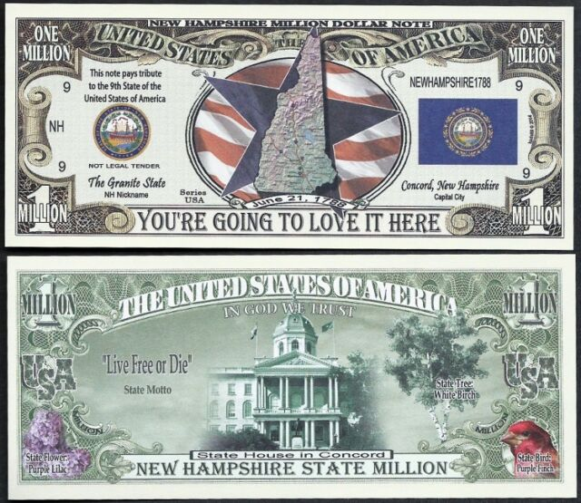 Lot Of 100 NEW HAMPSHIRE STATE MILLION DOLLAR BILL W MAP SEAL FLAG 