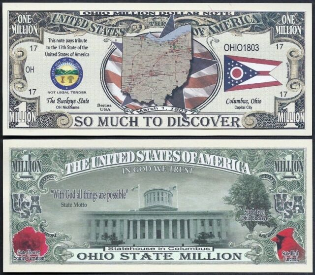 Lot Of 25 Bills OHIO STATE MILLION DOLLAR BILL W MAP SEAL FLAG 