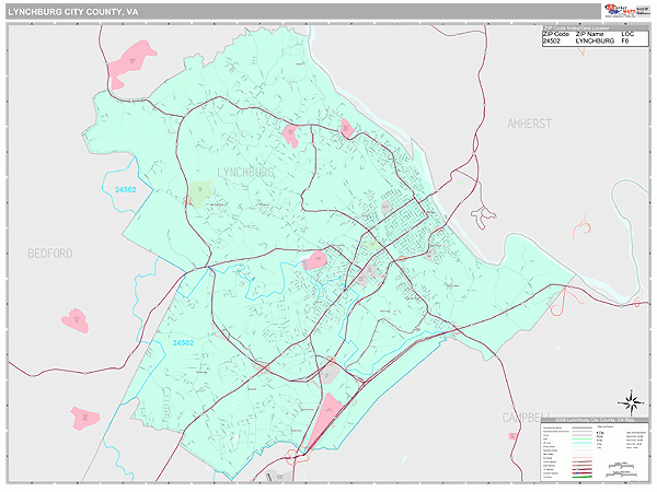 Lynchburg City County VA Zip Code Wall Map Premium Style By MarketMAPS