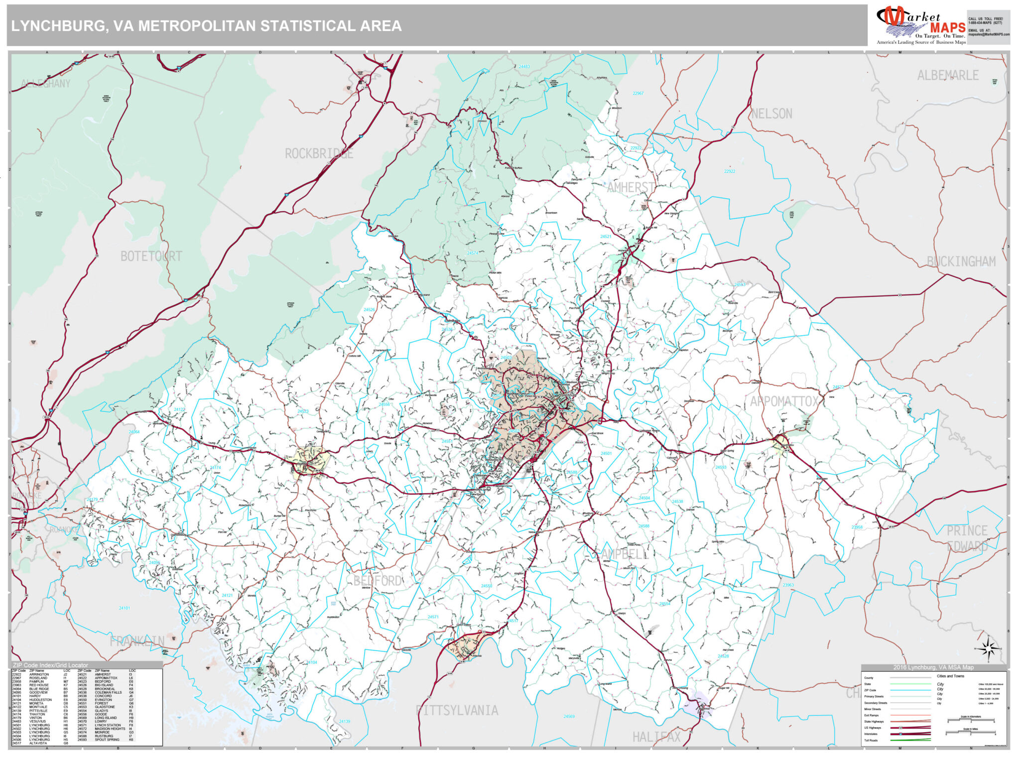 Lynchburg VA Metro Area Wall Map Premium Style By MarketMAPS | Virginia Map