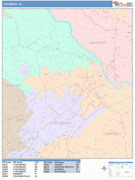 Lynchburg Virginia Wall Map Color Cast Style By MarketMAPS