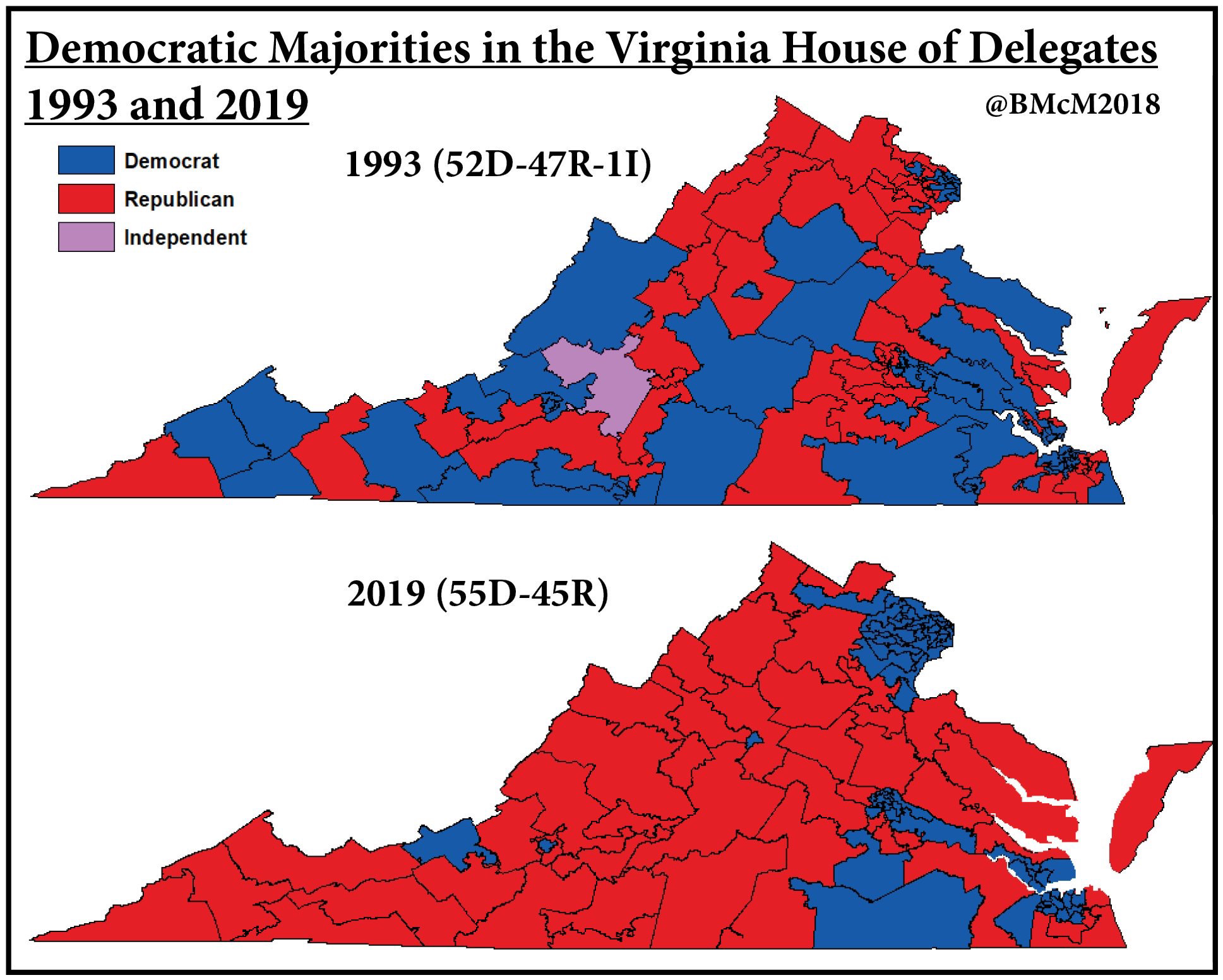 Map Of Democratic Majorities In The Virginia House Of Delegates 1993 