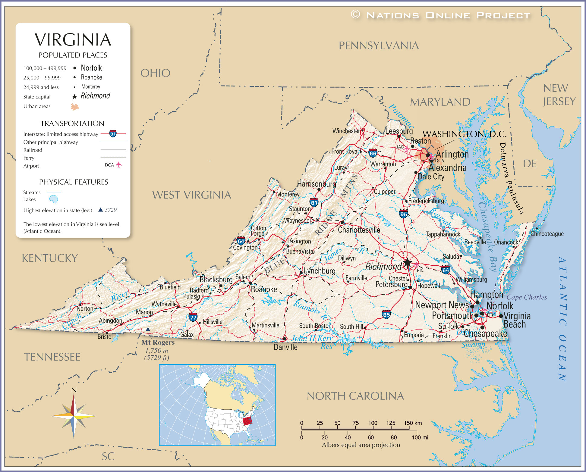 State Of Virginia Map With Major Cities
