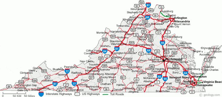 Virginia Map With Towns And Cities