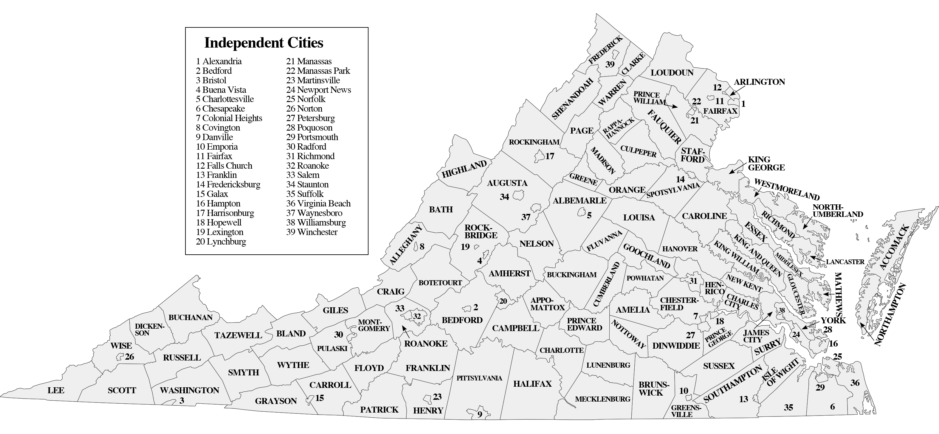 Map of Virginia Counties and Independent Cities EXECUTIVE REALTY INC