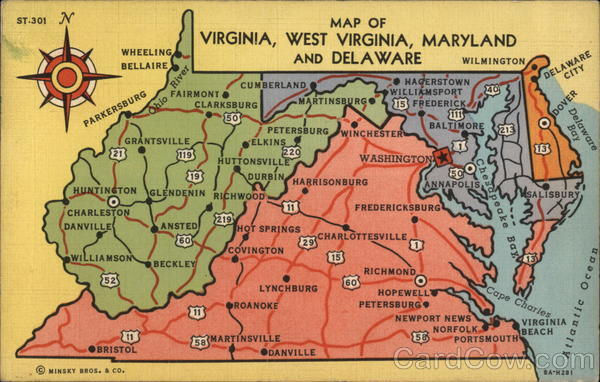 Map Of Virginia West Virginia Maryland And Delaware Maps Postcard