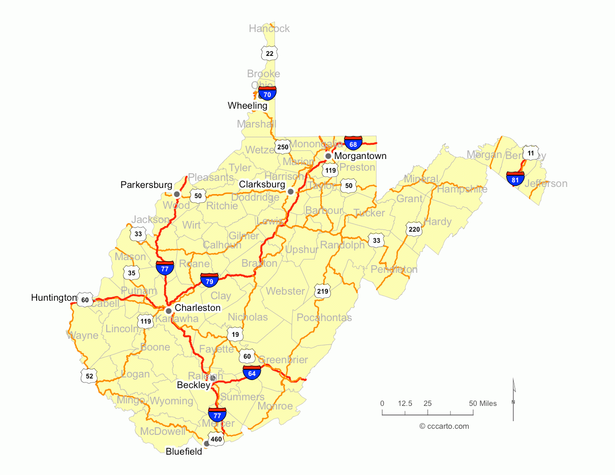 West Virginia Map With Routes