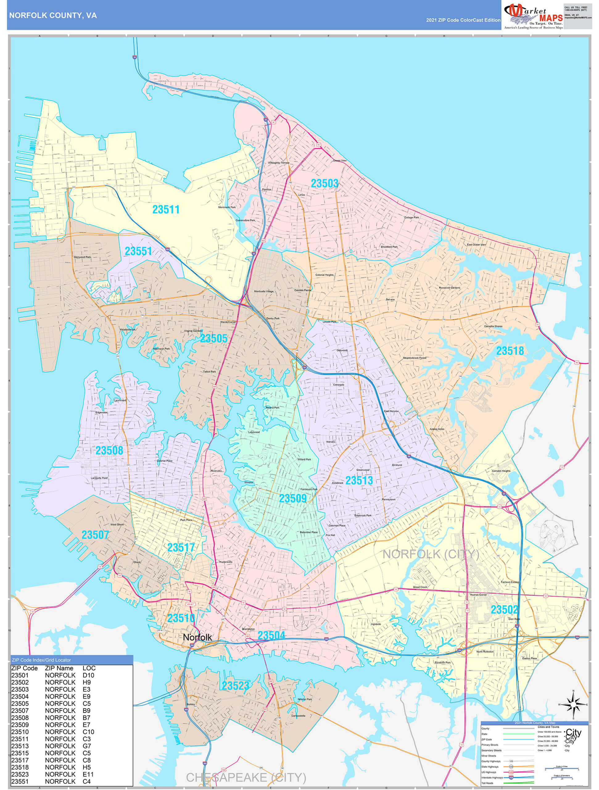 Norfolk County VA Wall Map Color Cast Style By MarketMAPS MapSales