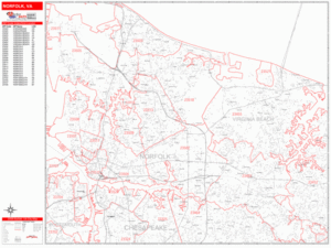 Norfolk Virginia Zip Code Wall Map Red Line Style By MarketMAPS