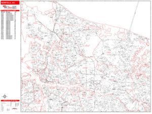 Norfolk Virginia Zip Code Wall Map Red Line Style By MarketMAPS