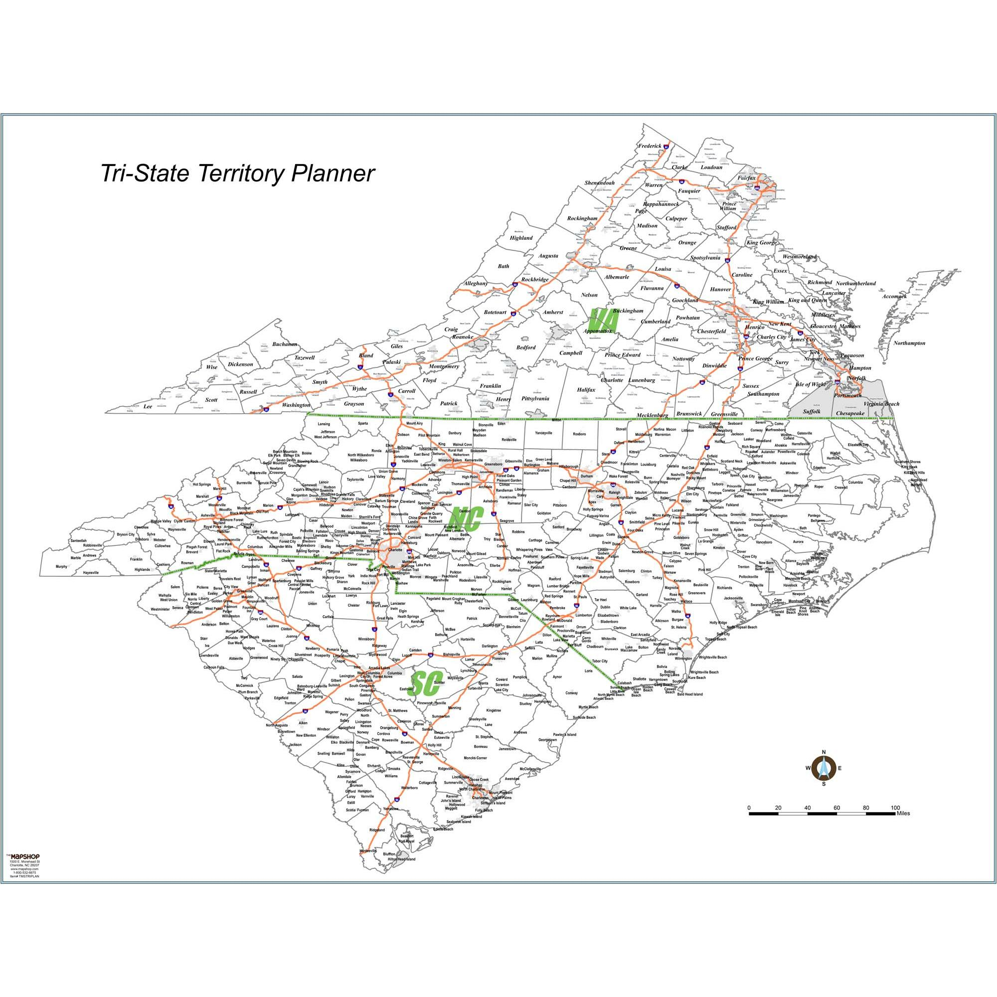 North Carolina South Carolina Virginia Territory Planner Wall Map 