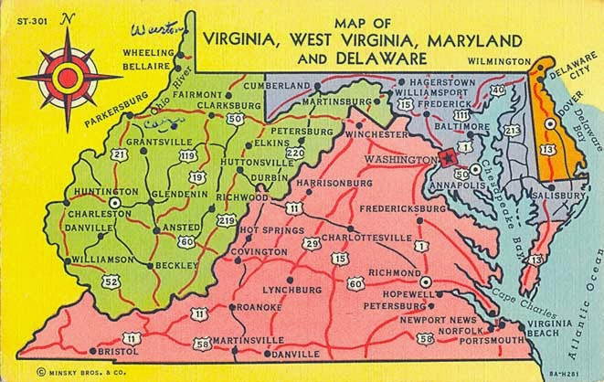 POSTCARDY The Postcard Explorer Map Virginia West Virginia 