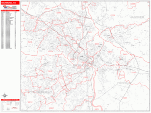 Richmond Virginia Zip Code Wall Map Red Line Style By MarketMAPS