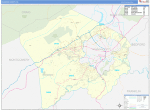 Roanoke County VA Zip Code Wall Map Basic Style By MarketMAPS