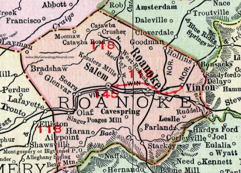 Roanoke County Virginia Map 1911 Rand McNally Salem Vinton Cave 