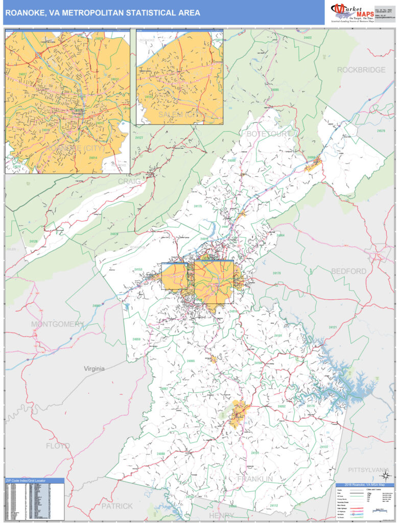 Roanoke VA Metro Area Wall Map Basic Style By MarketMAPS | Virginia Map