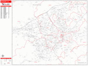 Roanoke Virginia Zip Code Wall Map Red Line Style By MarketMAPS
