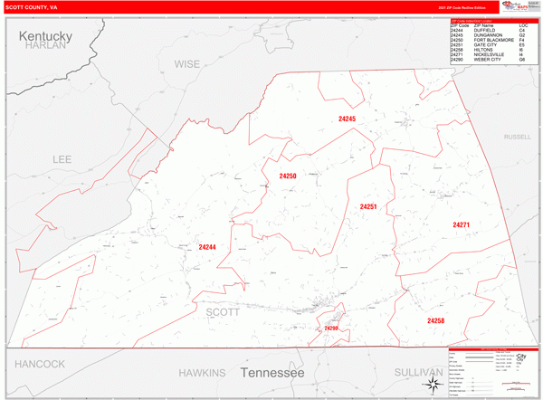 Scott County VA Zip Code Wall Map Red Line Style By MarketMAPS