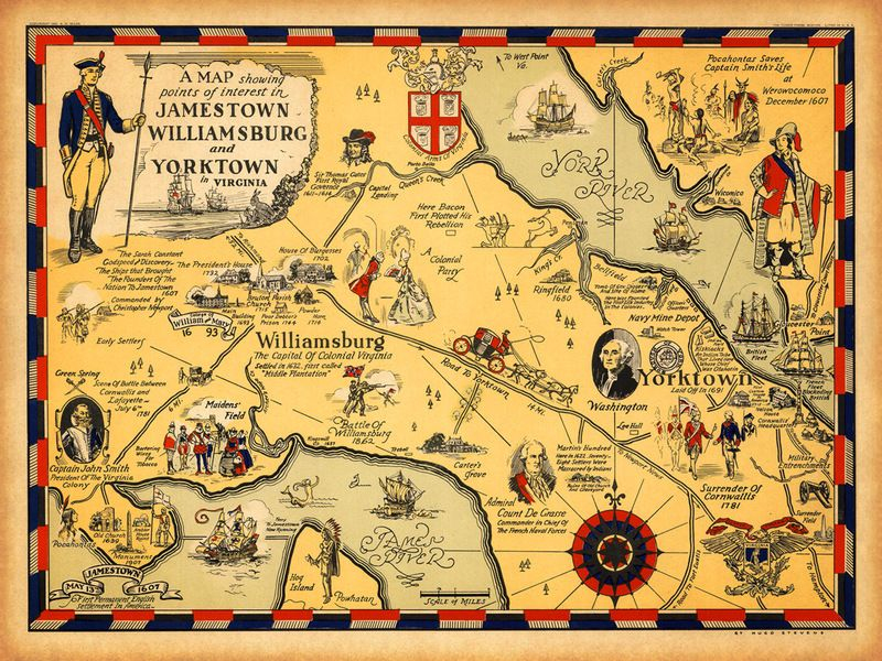 Virginia 1607 1930 Williamsburg Jamestown Yorktown Historical Map 