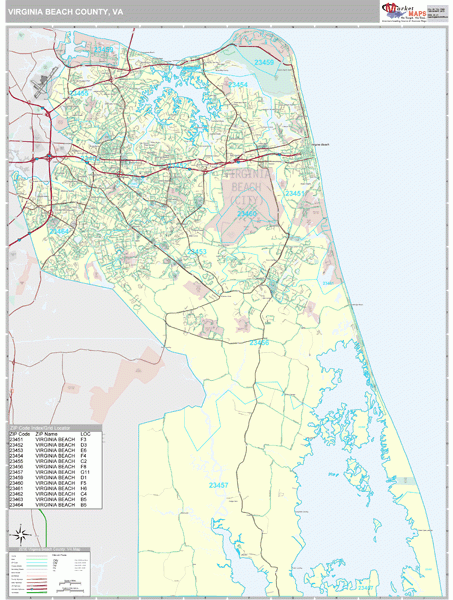 Virginia Beach County VA Zip Code Wall Map Premium Style By MarketMAPS