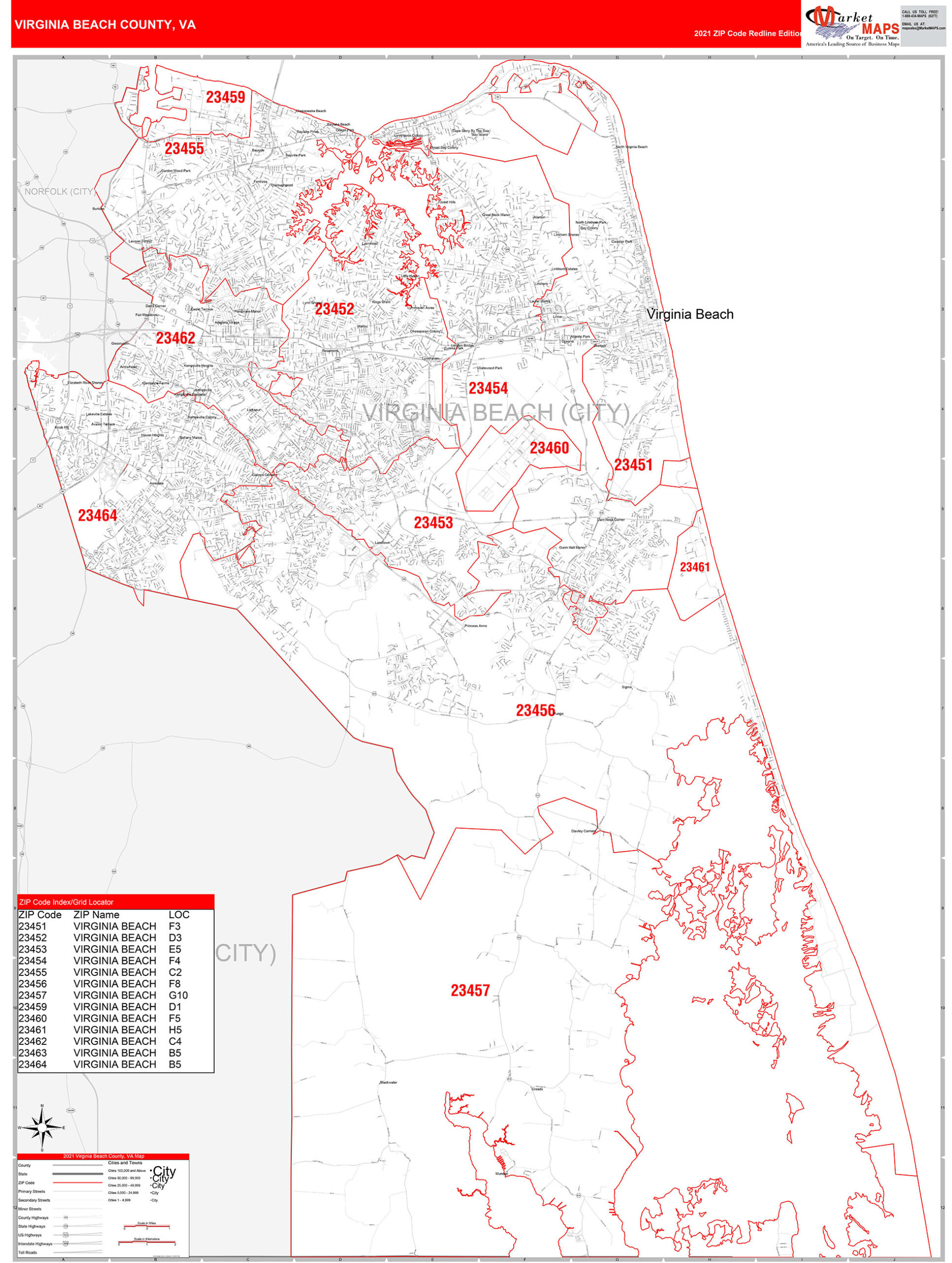 Virginia Beach County VA Zip Code Wall Map Red Line Style By MarketMAPS