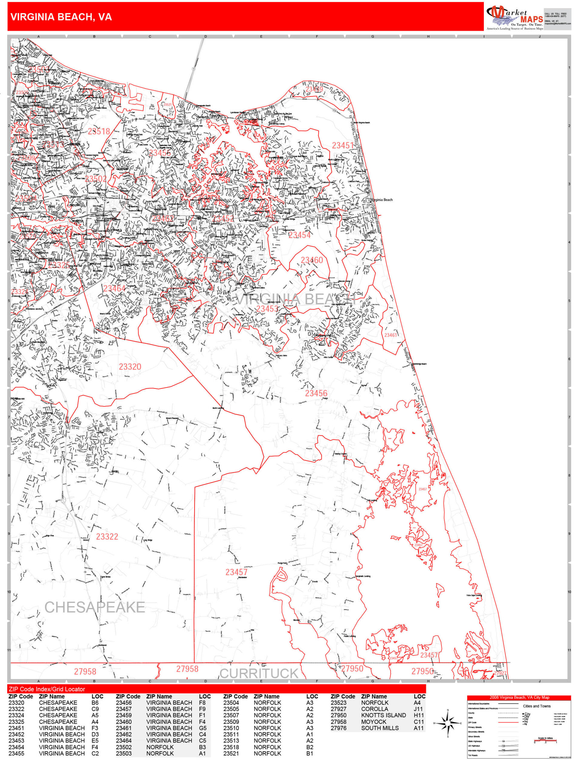 Virginia Beach Virginia Zip Code Wall Map Red Line Style By 