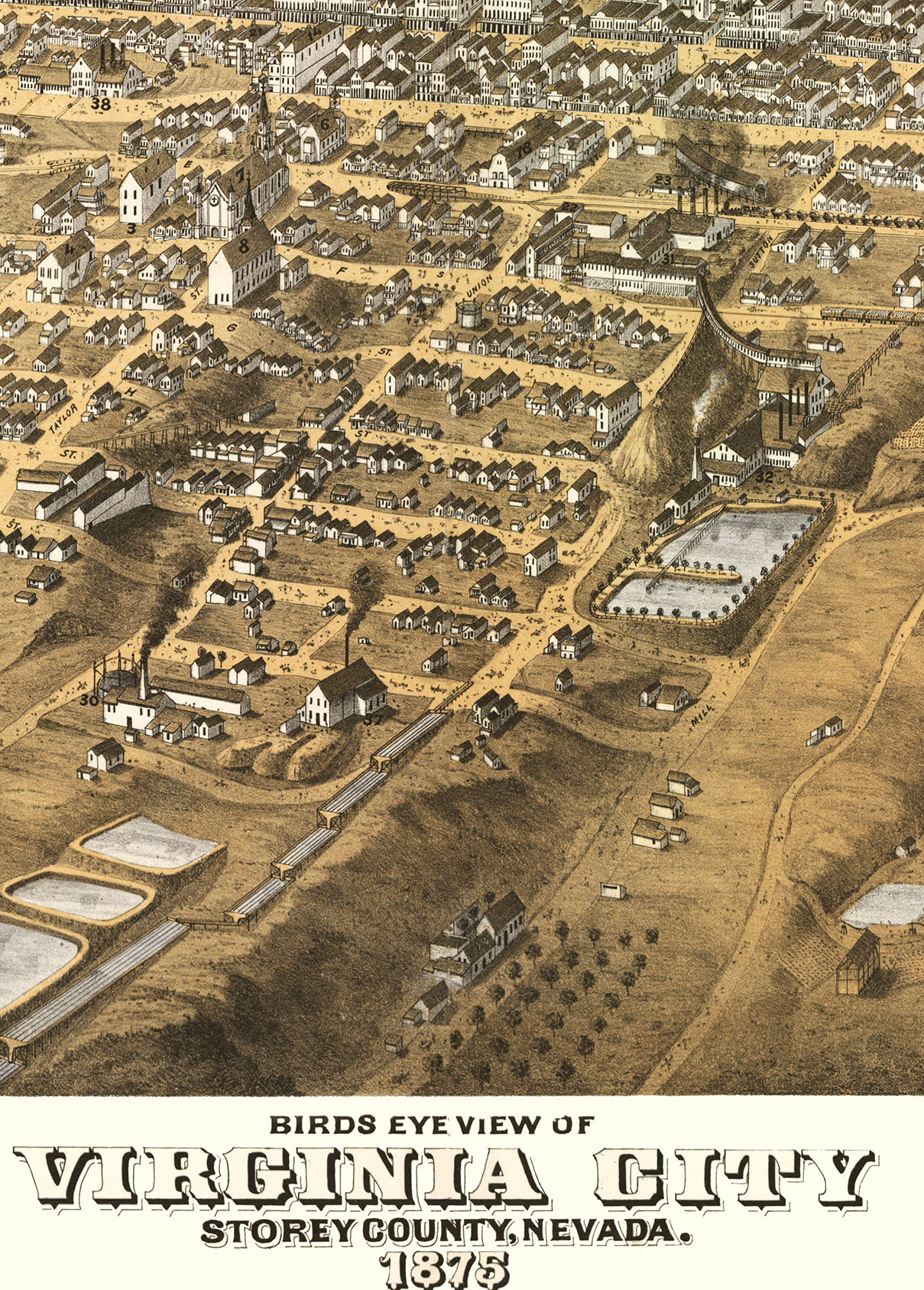 Virginia City Nevada In 1875 Bird s Eye View Map Aerial Panorama 