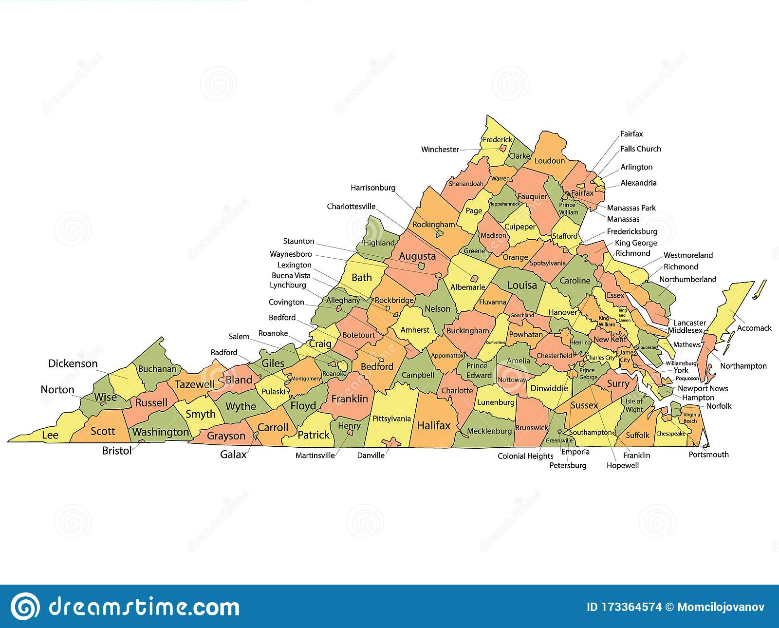 Virginia County Map Stock Vector Illustration Of Colorful 173364574